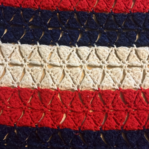 Handmade crocheted afghan red white and blue strips with tassels - Picture 3 of 10